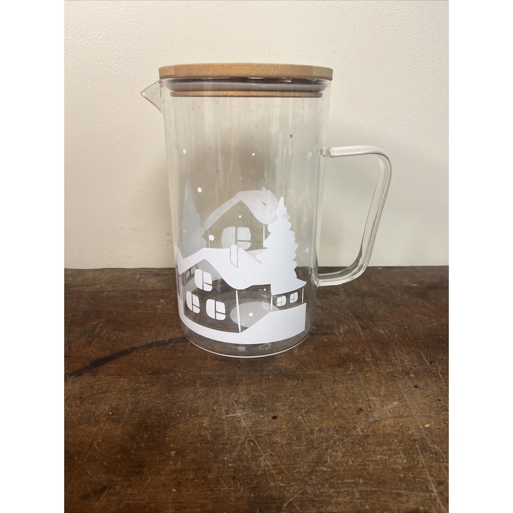 Old East Main Co. Clear Glass Pitcher Christmas Village Design 64 OZ w/ Wood Lid